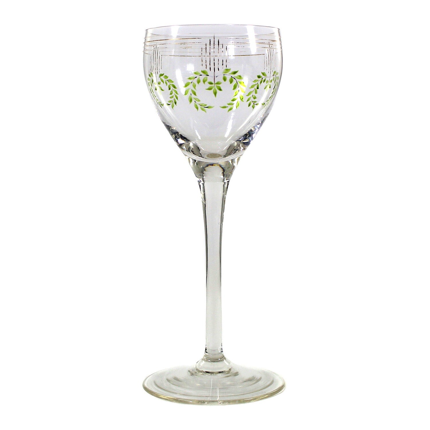 Stem glass with leaf wreath and geometric line ornament, rain hut