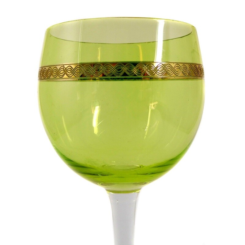 Stem glass with a light green bowl and surrounding decorative band, rain hut around 1910