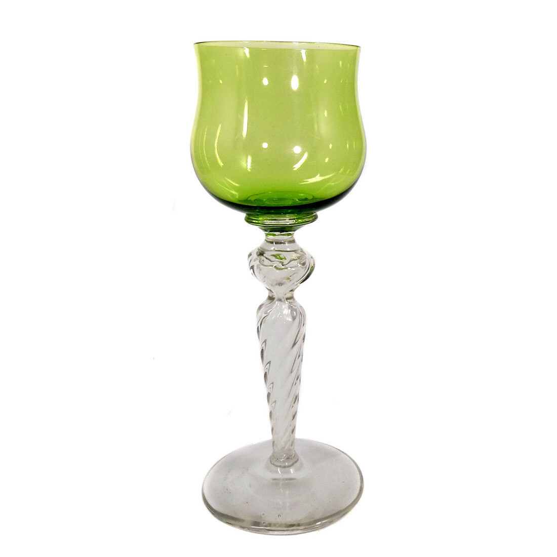 Stem glass with a light green bowl and twisted hollow shaft, rain hut around 1910