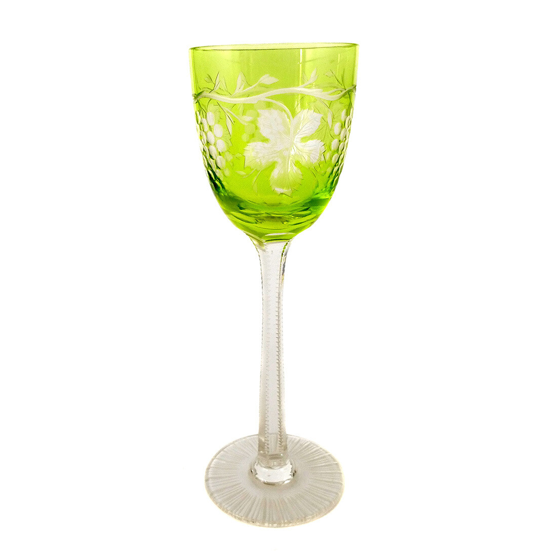 Stem glass with green-yellow overlay and vine decoration, Spiegelau around 1930