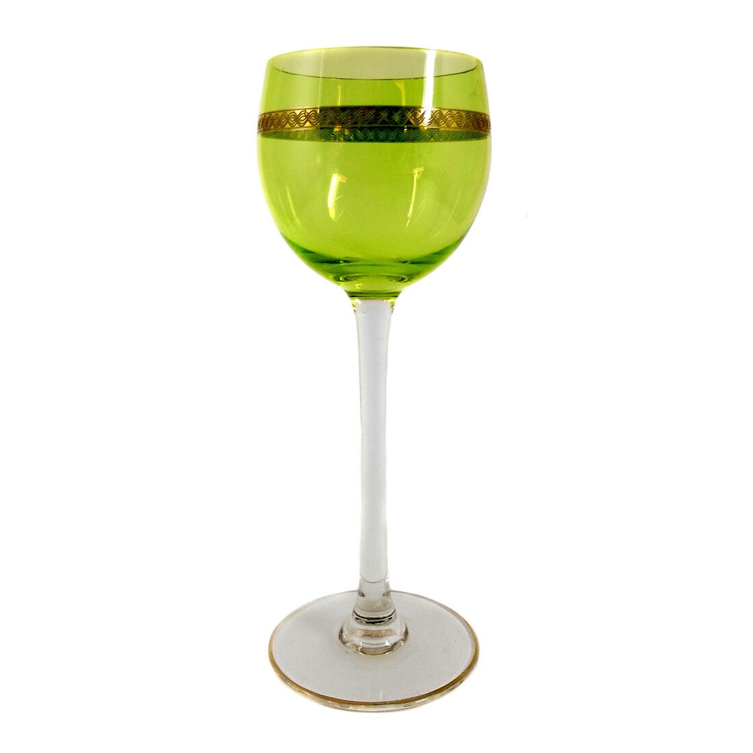 Stem glass with a light green bowl and surrounding decorative band, rain hut around 1910