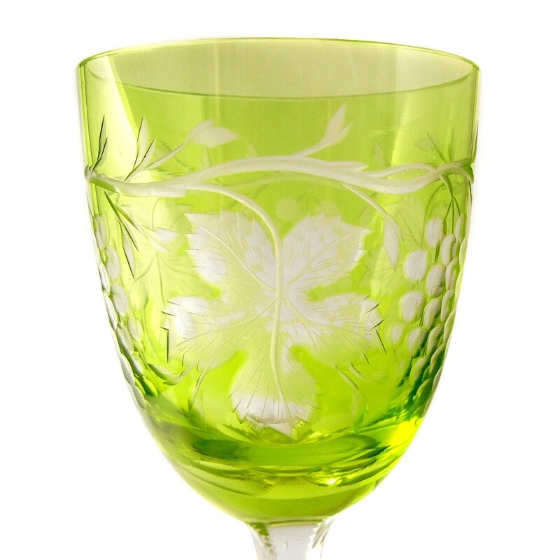 Stem glass with green-yellow overlay and vine decoration, Spiegelau around 1930