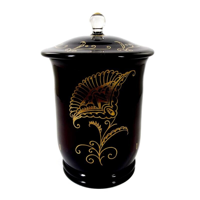 Lidded box made of ruby red glass with gold painting, Bernhardine Bayerl around 1921