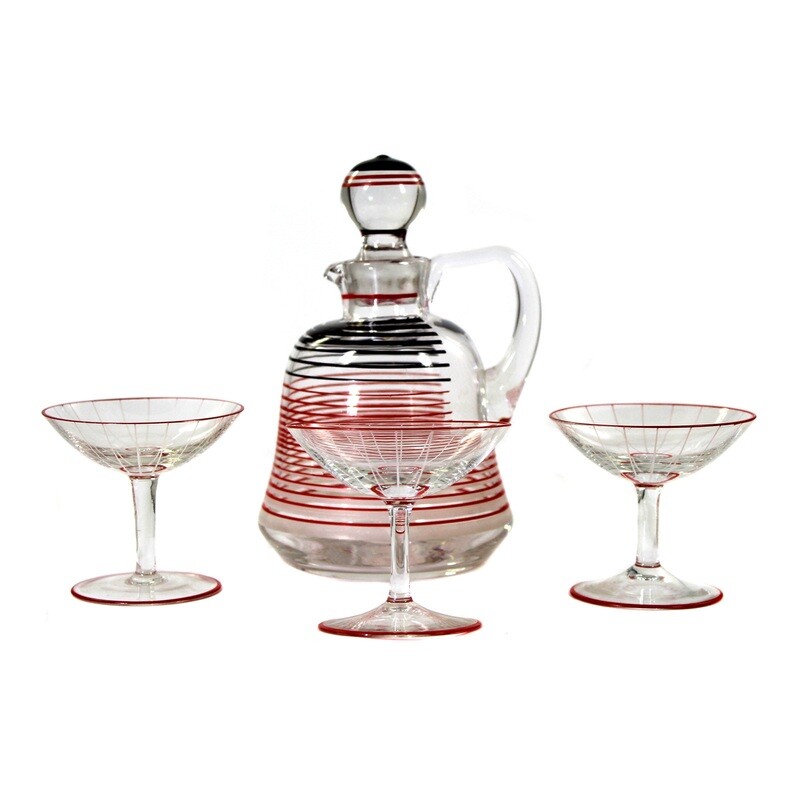 Handle carafe with stopper and 3 liqueur bowls, Ferdinand von Poschinger around 1920