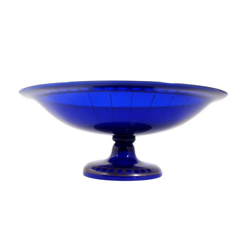 Cobalt blue footed bowl with silver overlay painting, Bavarian Forest around 1920