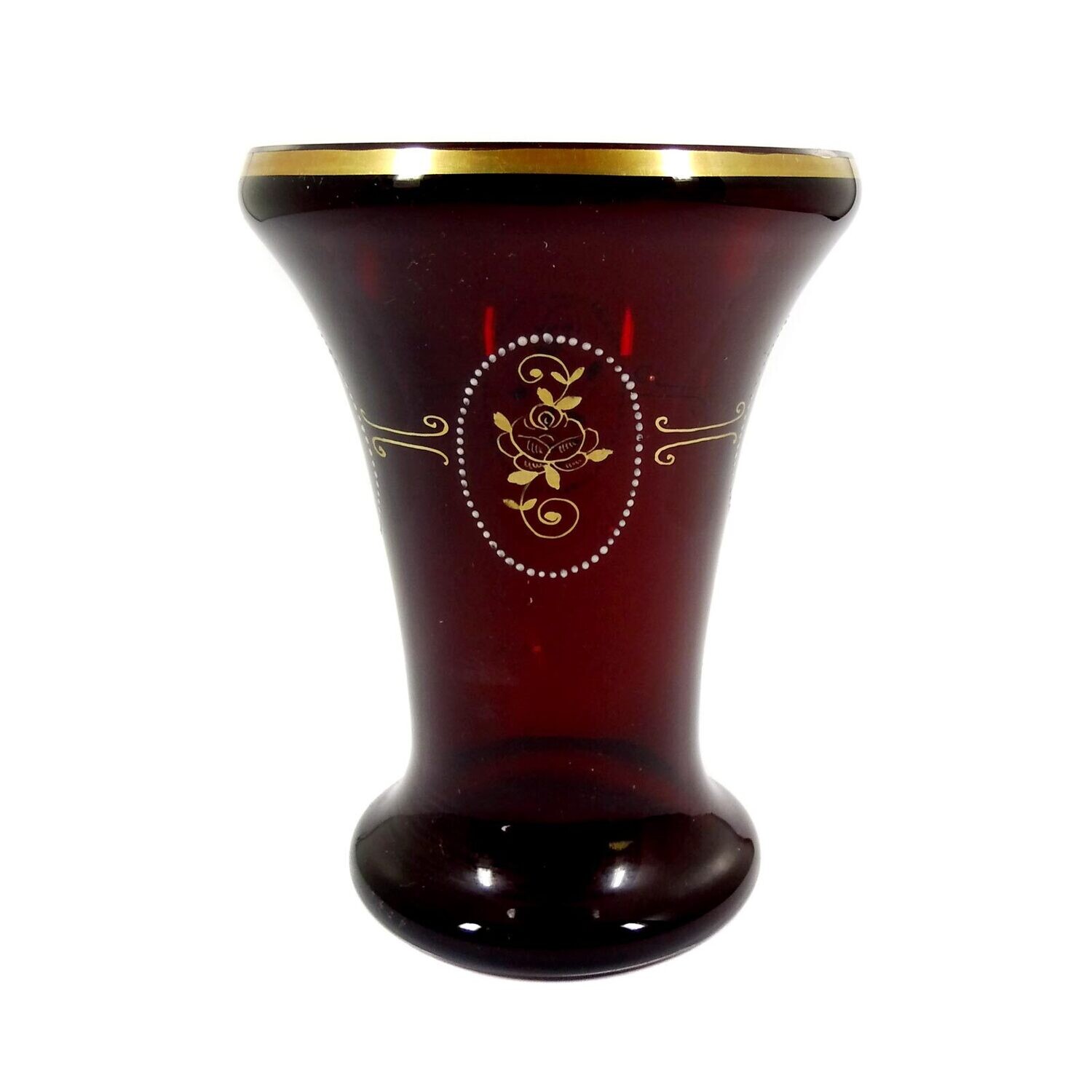 Rubinrot lasierte Vase mit Poliergold, Bayerischer Wald um 1900-10