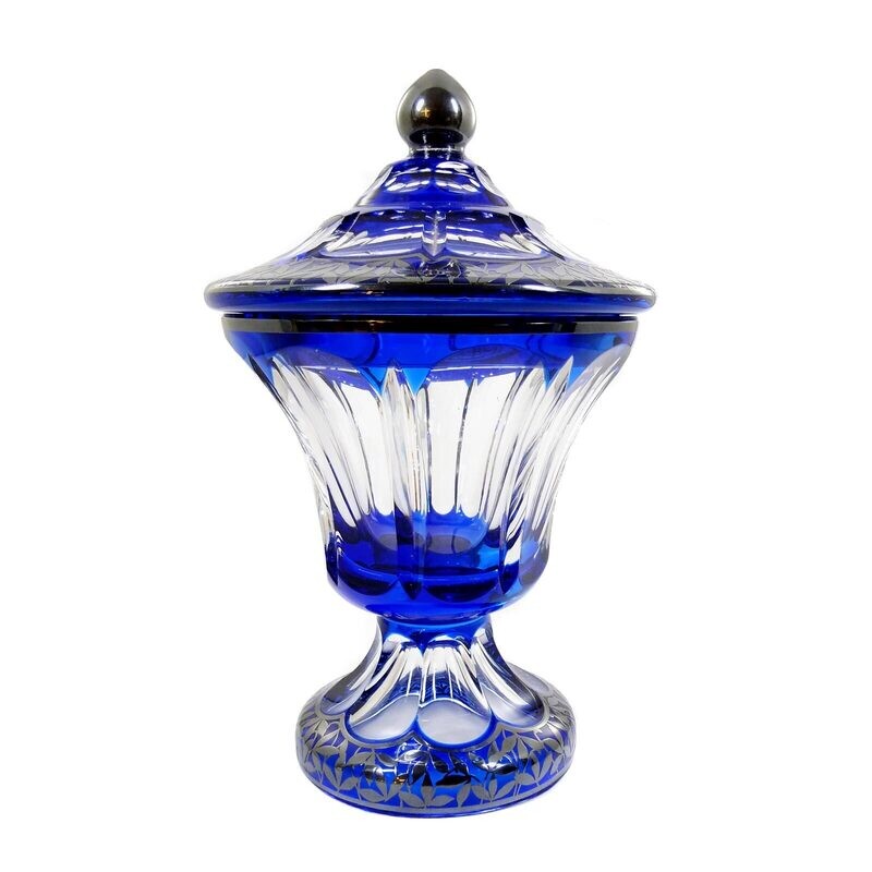 Cookie jar made of colorless crystal glass with fine silver decoration, Josephinenhütte around 1925