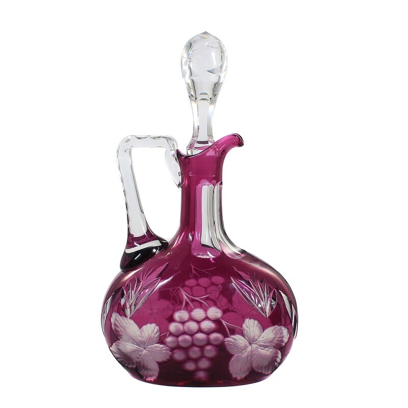 Bottle with handle &amp; stopper, purple overlay, deep-cut decor, Josephinenhütte