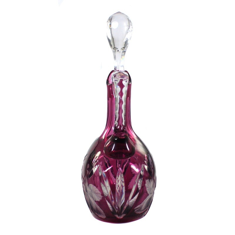 Bottle with handle &amp; stopper, purple overlay, deep-cut decor, Josephinenhütte