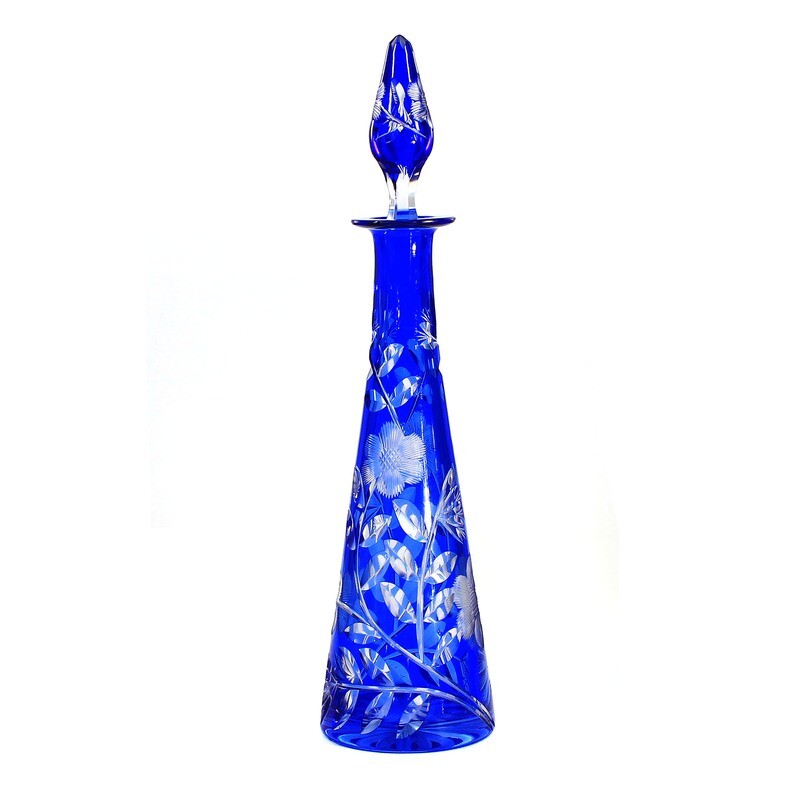 Carafe made of colorless crystal glass with a blue overlay, Josephinenhütte