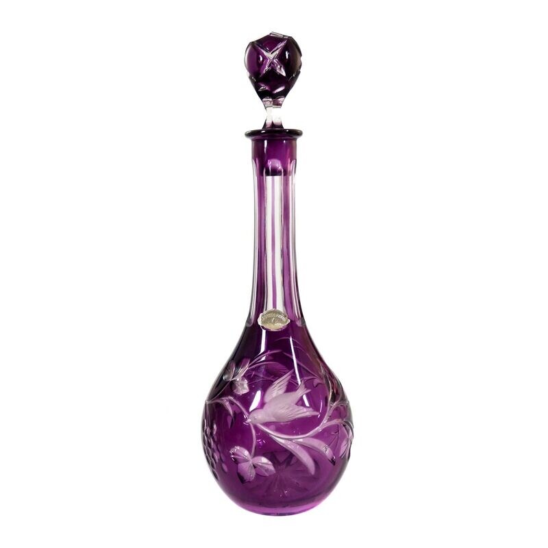 Large overflow carafe &amp; 6 liqueur glasses with bird decoration, Josephinenhütte around 1920