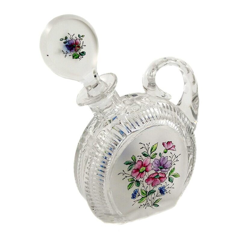 Carafe with stopper &amp; stamper with transparent painting, Josephinenhütte around 1942