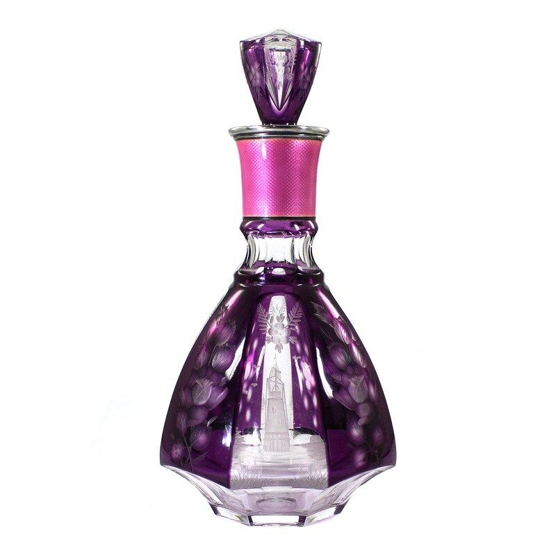 Carafe with overlay &amp; rose-colored guilloche, Josephinenhütte around 1925
