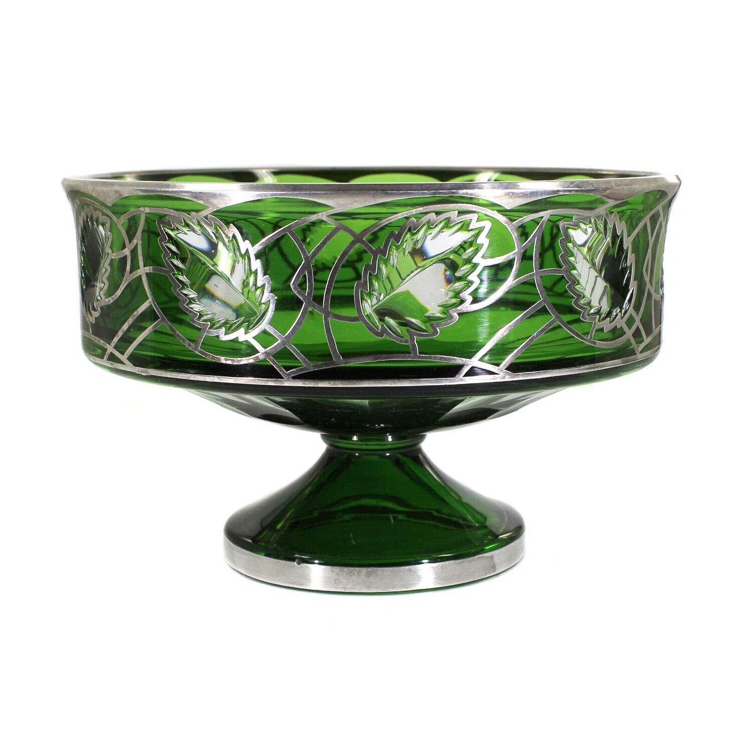 Large footed bowl with dark green overlay &amp; fine silver decoration, Josephinenhütte