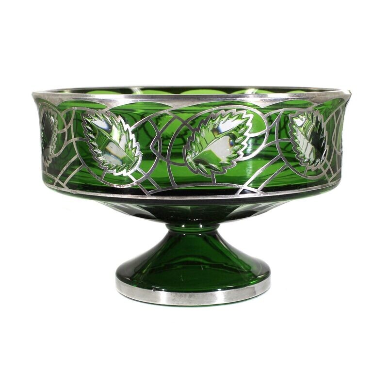 Large footed bowl with dark green overlay &amp; fine silver decoration, Josephinenhütte