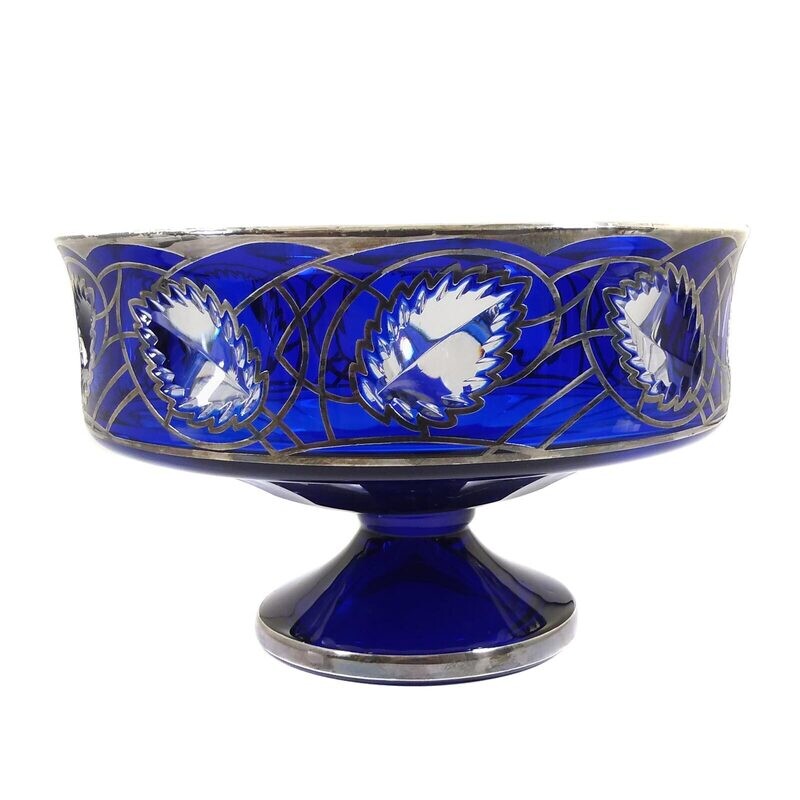 Large footed bowl with cobalt blue overlay and fine silver decoration, Josephinenhütte