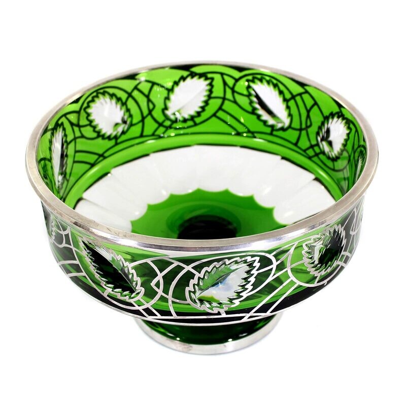 Large footed bowl with dark green overlay &amp; fine silver decoration, Josephinenhütte