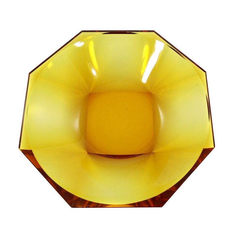 Large faceted bowl made of amber-colored glass, Josephinenhütte around 1925