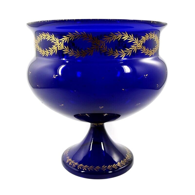 Large cobalt blue footed bowl with gold painting, Josephinenhütte, designed by S. Haertel