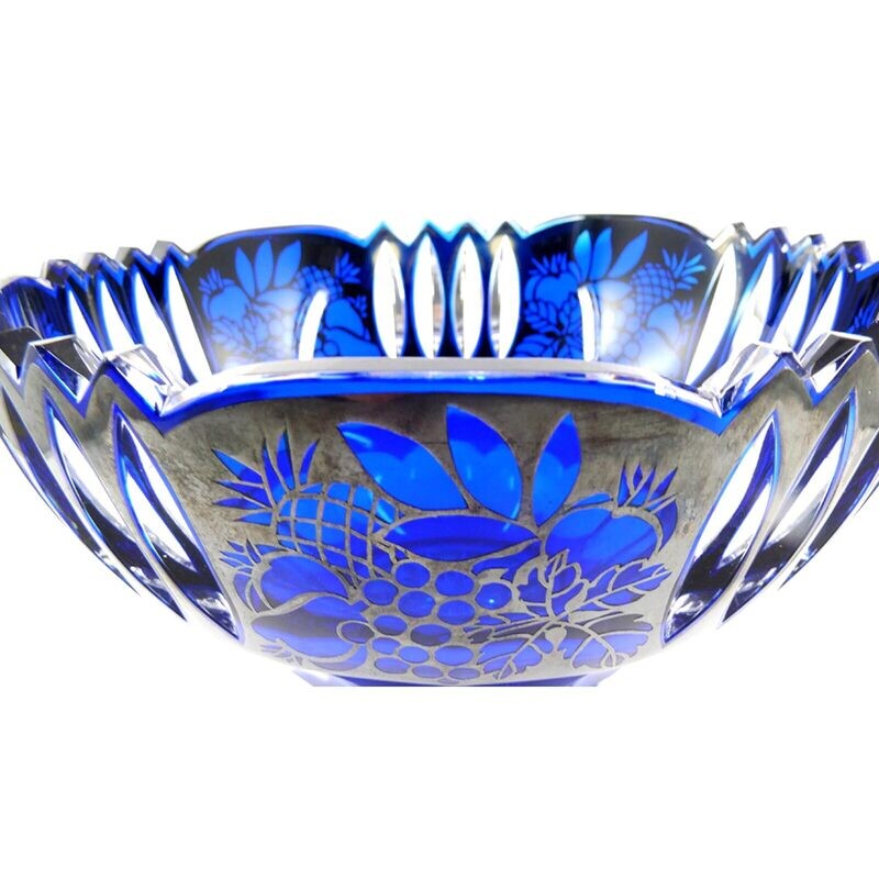 Large footed bowl with cobalt blue overlay &amp; fine silver decoration, Josephinenhütte