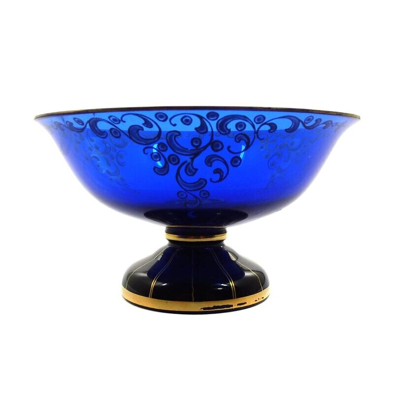 Small footed bowl made of cobalt blue glass with enamel painting, Josephinenhütte around 1921