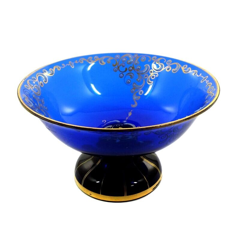 Small footed bowl made of cobalt blue glass with enamel painting, Josephinenhütte around 1921