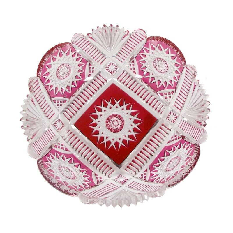 Crystal glass bowl with overlay and elaborate decorative cut decoration around 1900