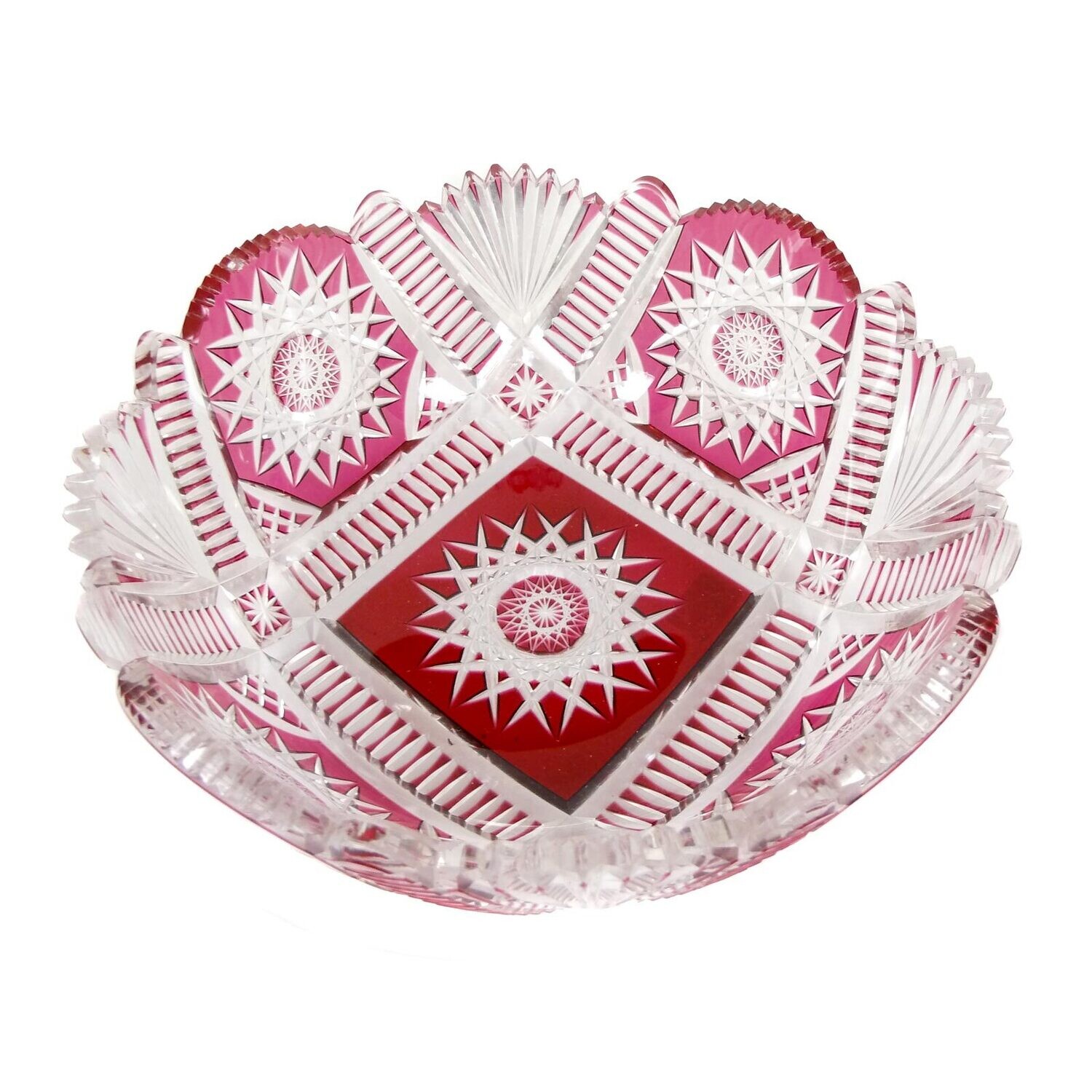 Crystal glass bowl with overlay and elaborate decorative cut decoration around 1900