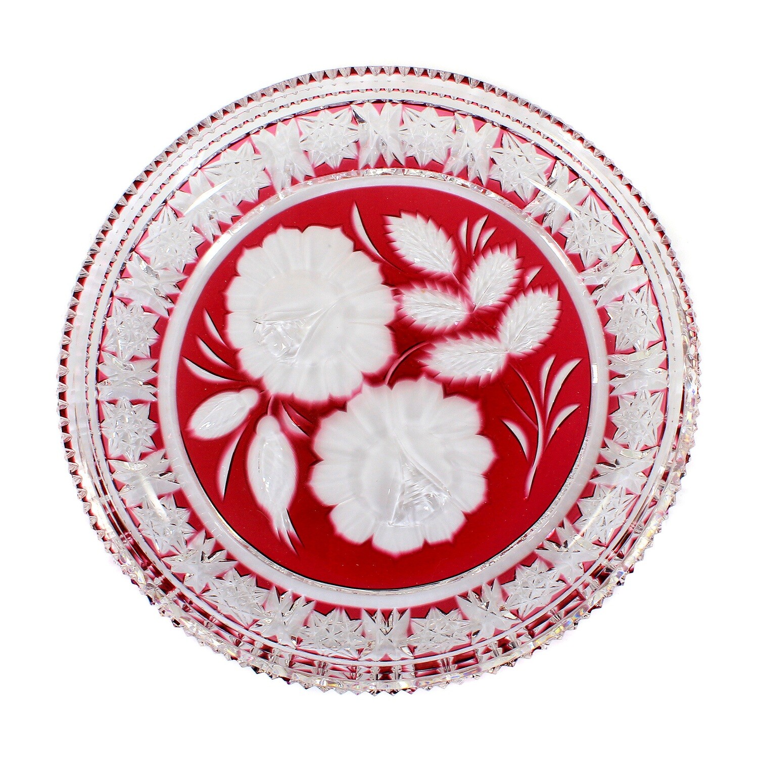 Plate with pink overlay &amp; deep cut, Josephinenhütte, designed by S. Haertel