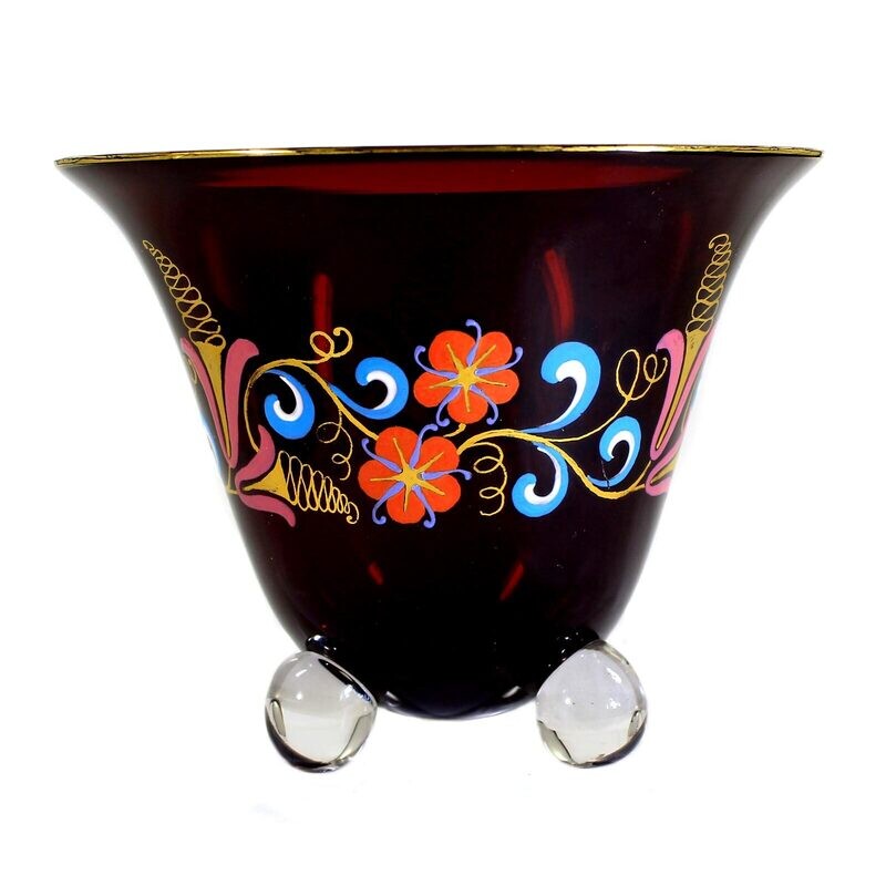 Rare foot bowl with copper ruby underlay and enamel painting, Josephinenhütte