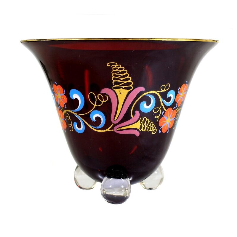 Rare foot bowl with copper ruby underlay and enamel painting, Josephinenhütte