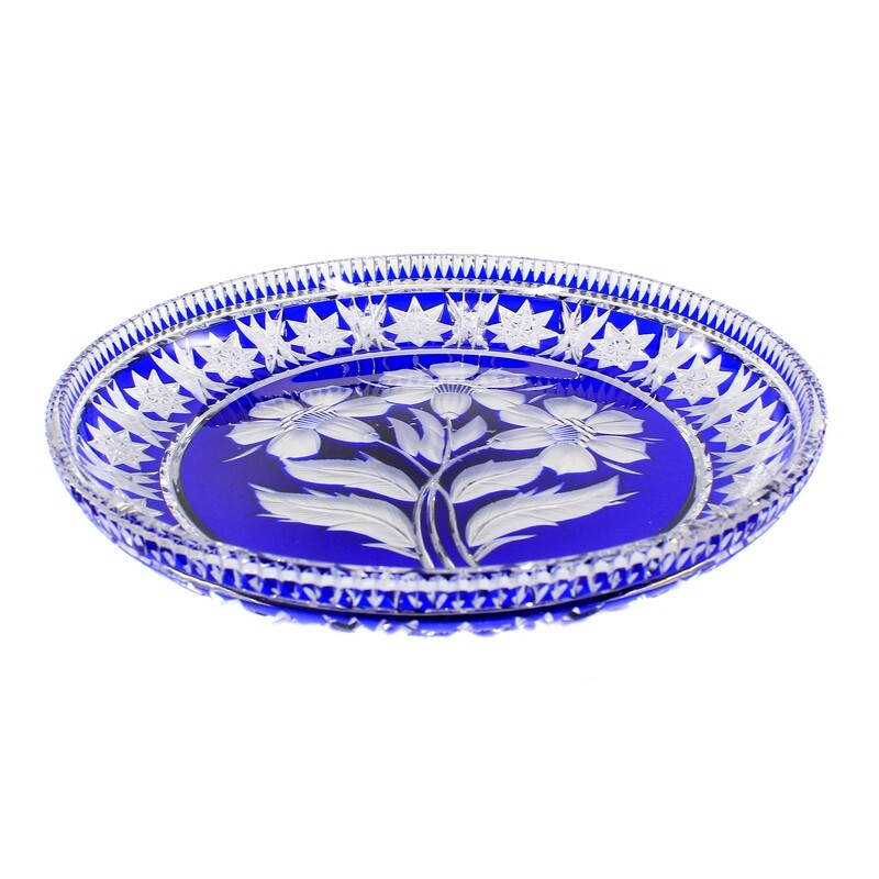 Plate with blue overlay &amp; deep cut, Josephinenhütte, designed by S. Haertel
