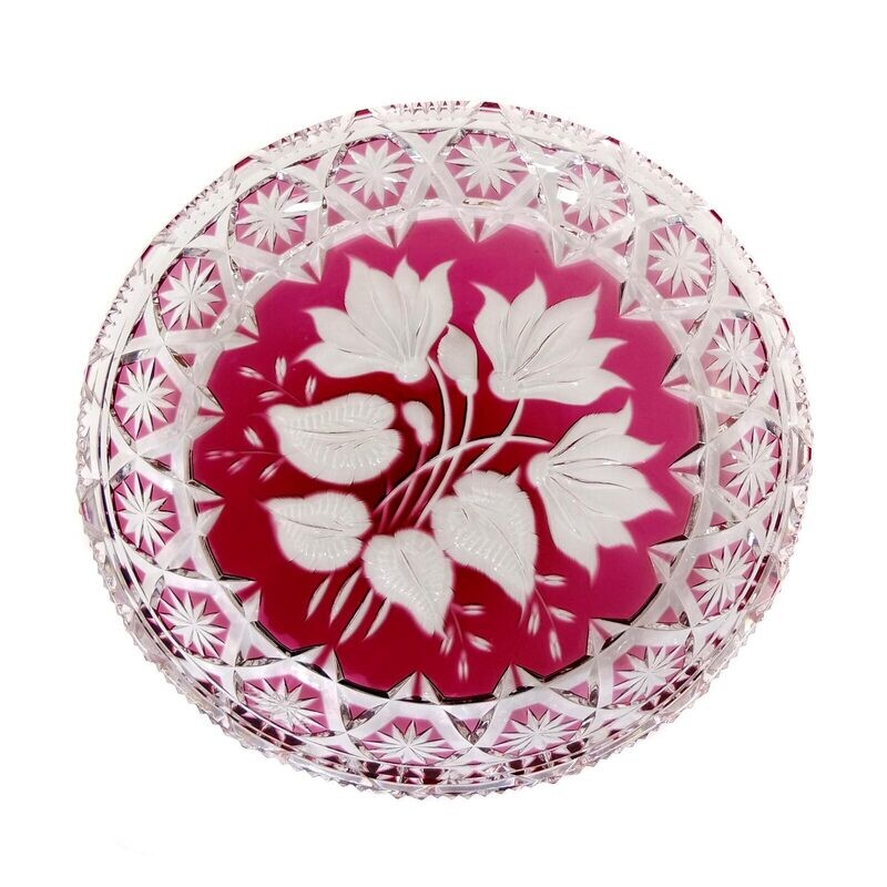 Plate with pink overlay &amp; deep cut, Josephinenhütte, designed by Siegfried Haertel