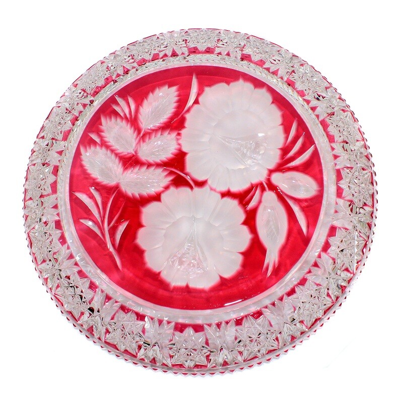 Plate with pink overlay &amp; deep cut, Josephinenhütte, designed by S. Haertel