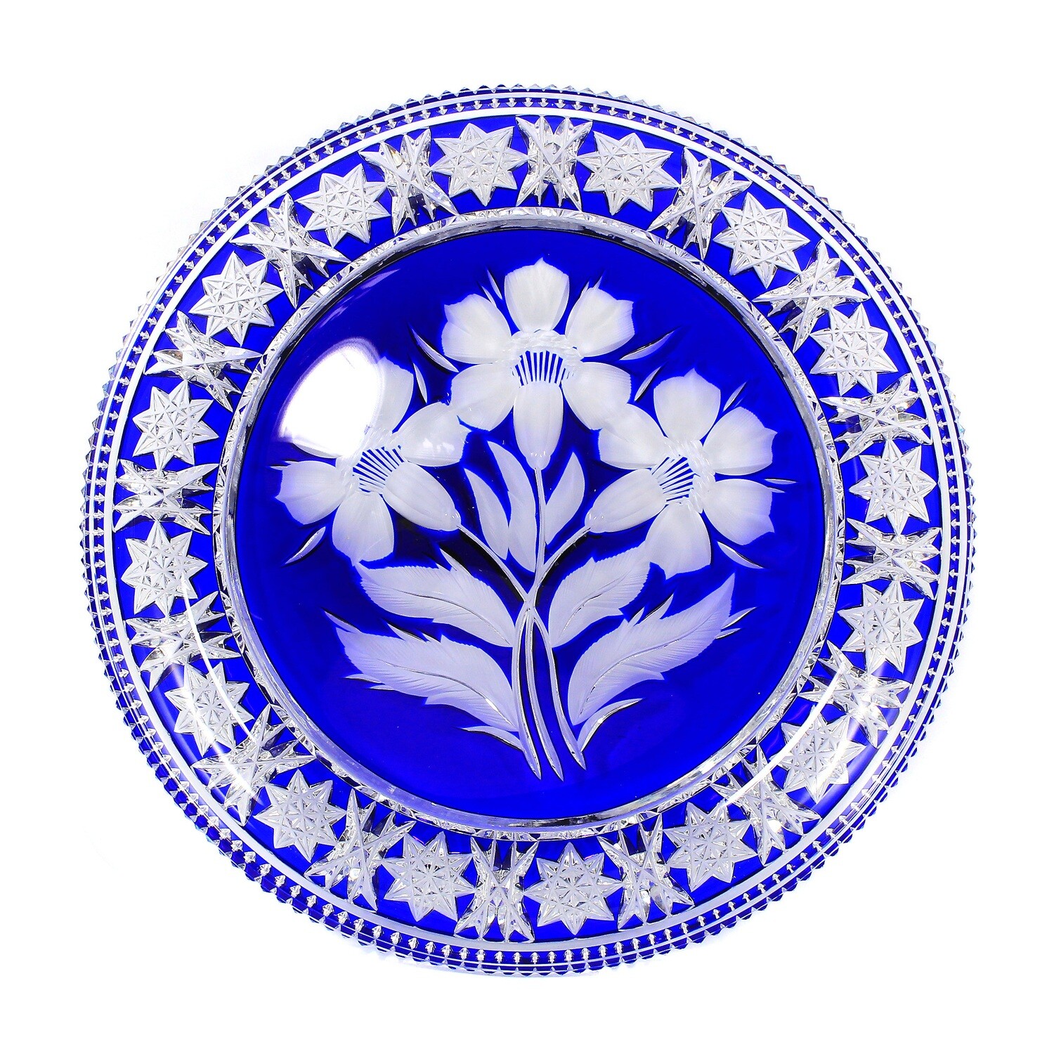 Plate with blue overlay &amp; deep cut, Josephinenhütte, designed by S. Haertel
