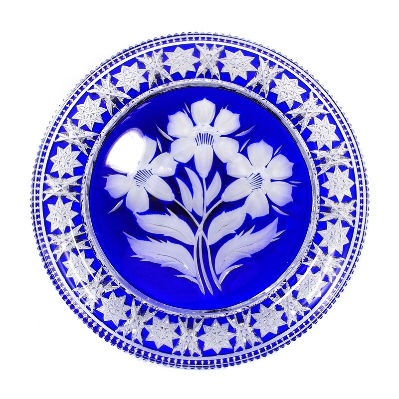 Plate with blue overlay &amp; deep cut, Josephinenhütte, designed by S. Haertel