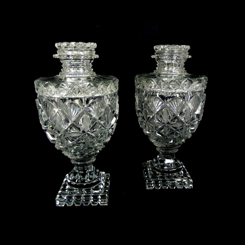 Pair of lidded vases with elaborate cut decoration, Josephinenhütte, form 1116