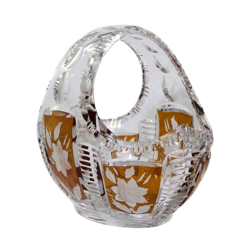 Basket made of colorless lead crystal with amber etchings &amp; floral decoration, Josephinenhütte
