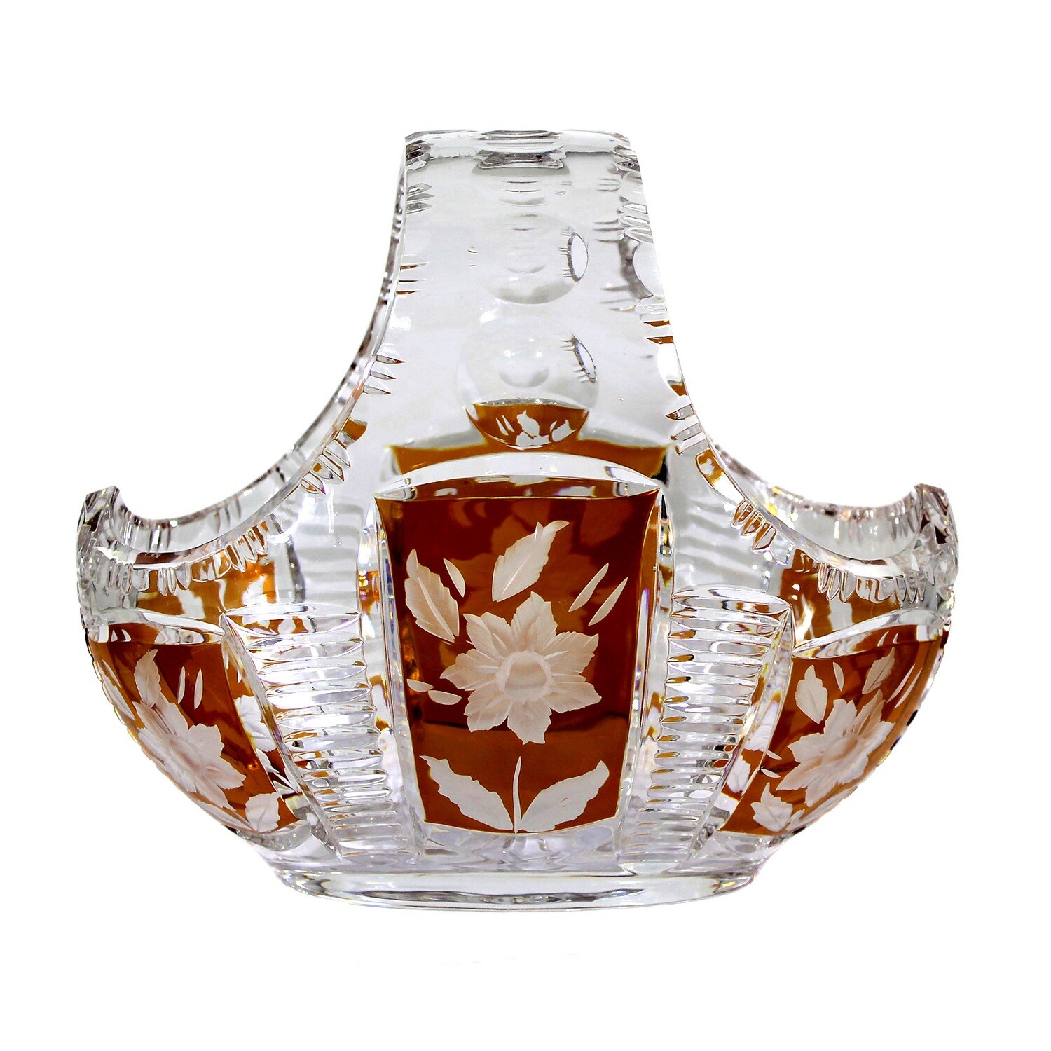 Basket made of colorless lead crystal with amber etchings &amp; floral decoration, Josephinenhütte
