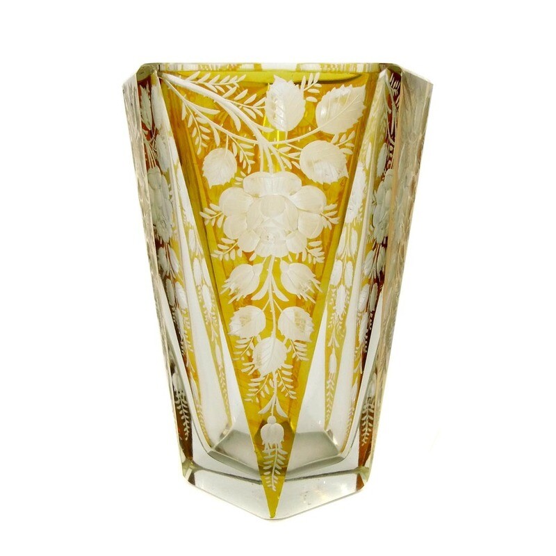 5-sided vase with amber decoration, Josephinenhütte, designed by A. Pfohl around 1935