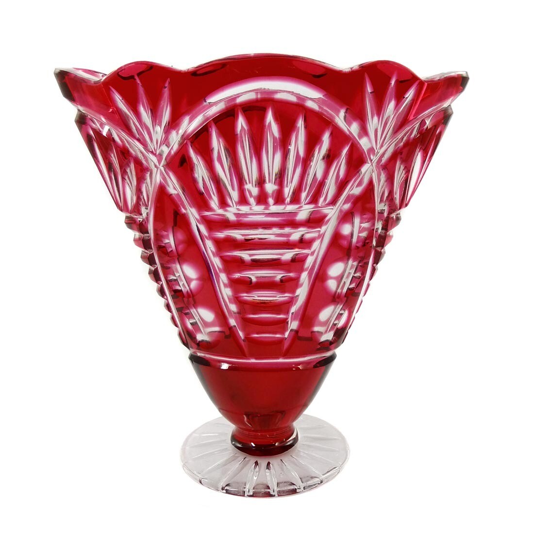 Fan vase with rose-colored overlay, Josephinenhütte around 1930