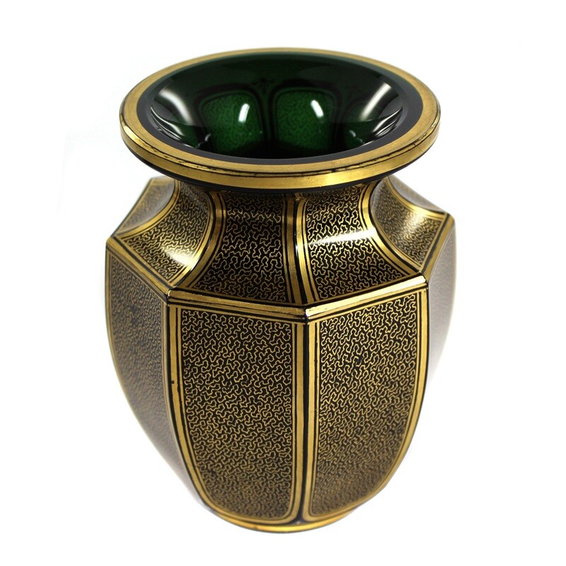 Dark green lead crystal vase with gold cisele, Josephinenhütte, designed by Haertel, signed