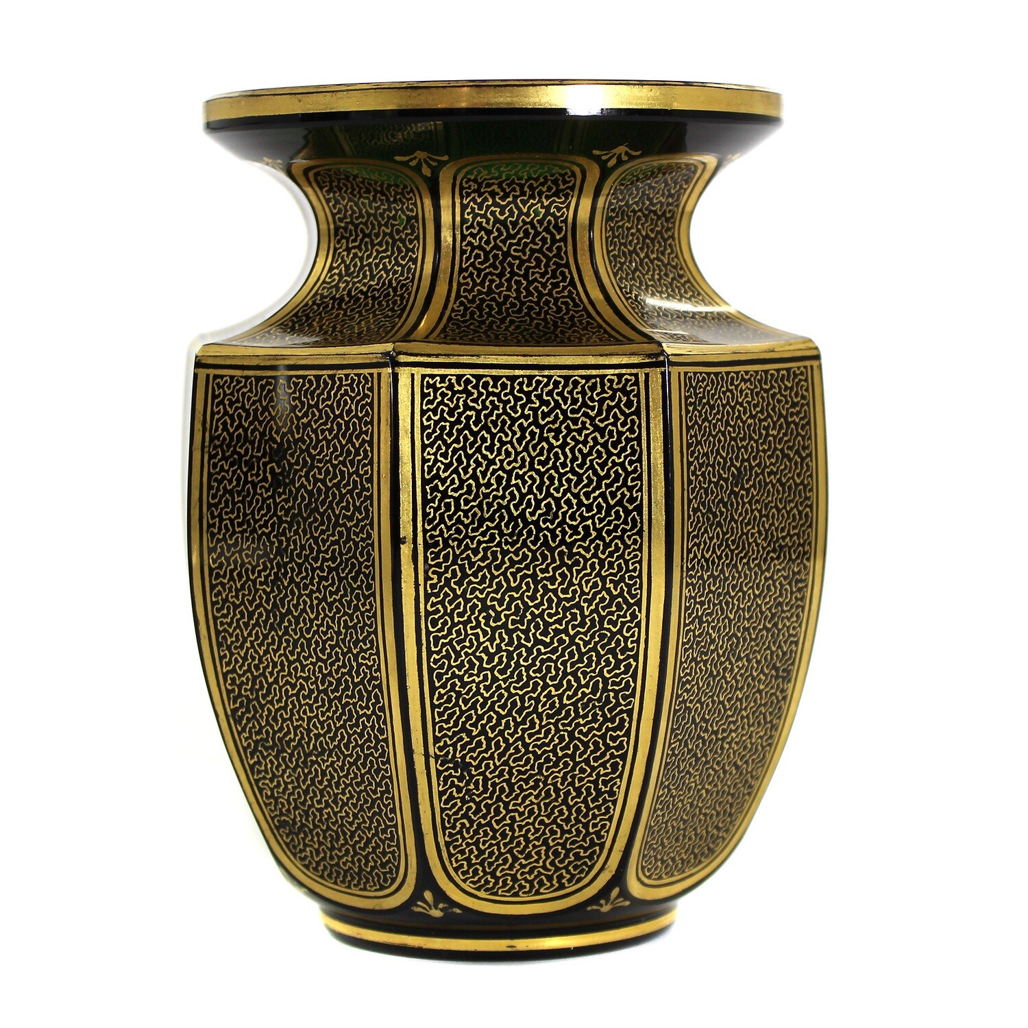 Dark green lead crystal vase with gold cisele, Josephinenhütte, designed by Haertel, signed