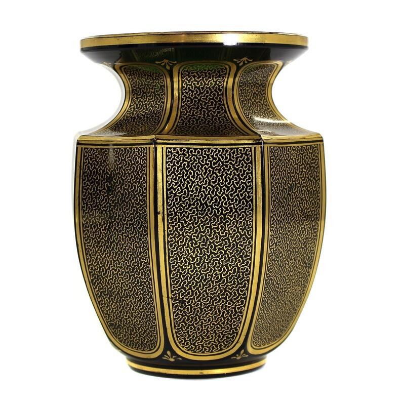 Dark green lead crystal vase with gold cisele, Josephinenhütte, designed by Haertel, signed