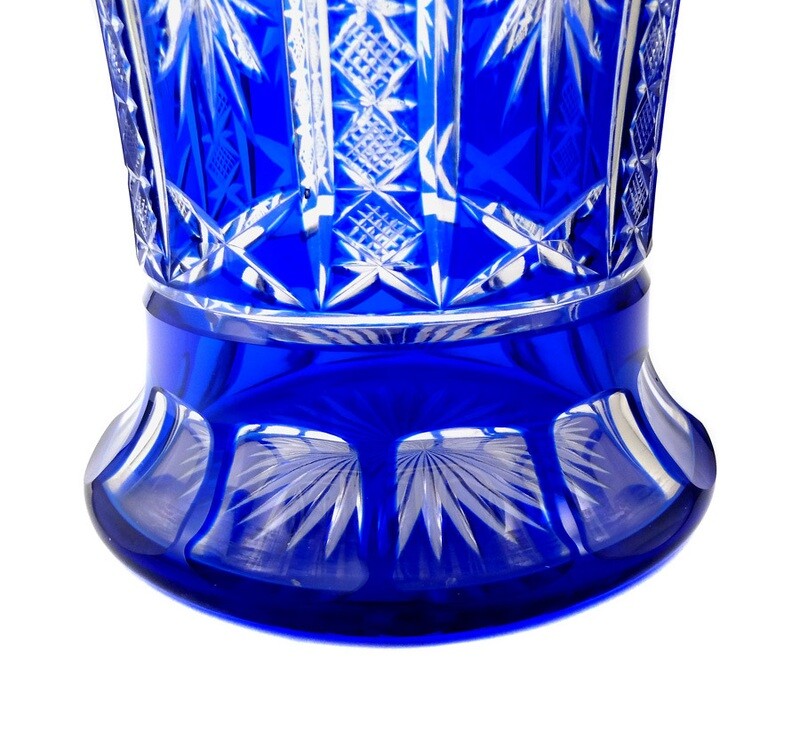 Large vase with cobalt blue overlay, wall with wedge, star and tongue cut