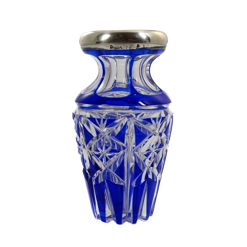Small vase with cobalt blue overlay &amp; vase rim in 800 silver, Josephinenhütte