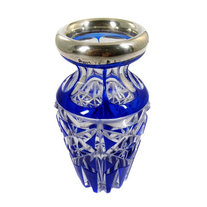 Small vase with cobalt blue overlay &amp; vase rim in 800 silver, Josephinenhütte