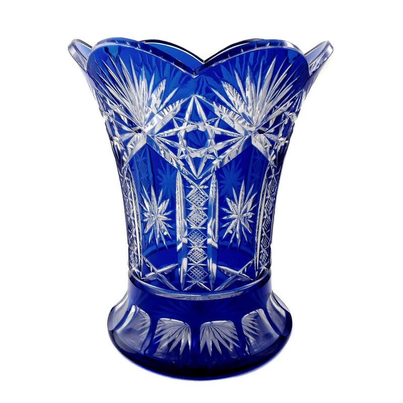 Large vase with cobalt blue overlay, wall with wedge, star and tongue cut