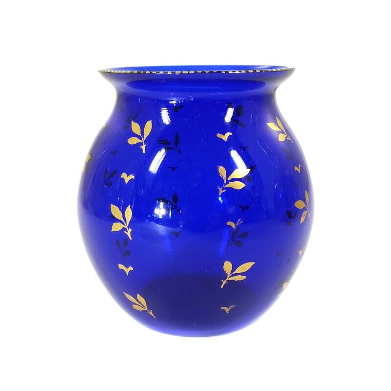 Small cobalt blue glass vase with gold painting, Josephinenhütte, draft Pfohl