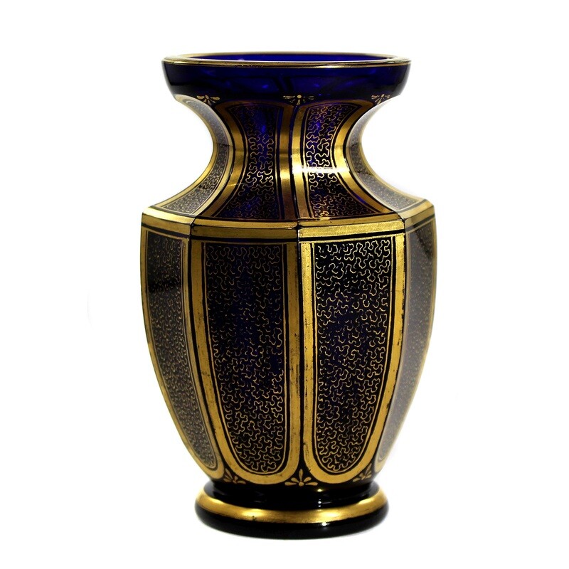 Cobalt blue lead crystal vase with gold cisele, Josephinenhütte, designed by Haertel